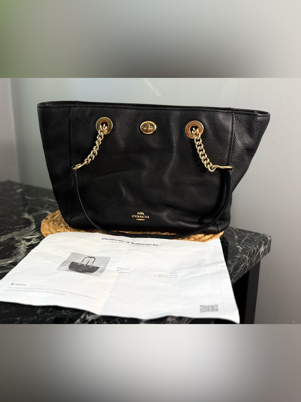 Coach Black Leather Tote with Gold Chain Straps